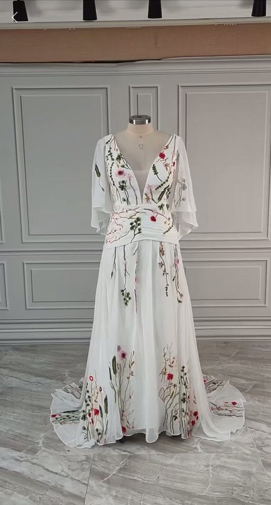 Wedding Dress Embroidery Floral Bridal Gown  Open Back A Line Dress With Colorful Floral Detail