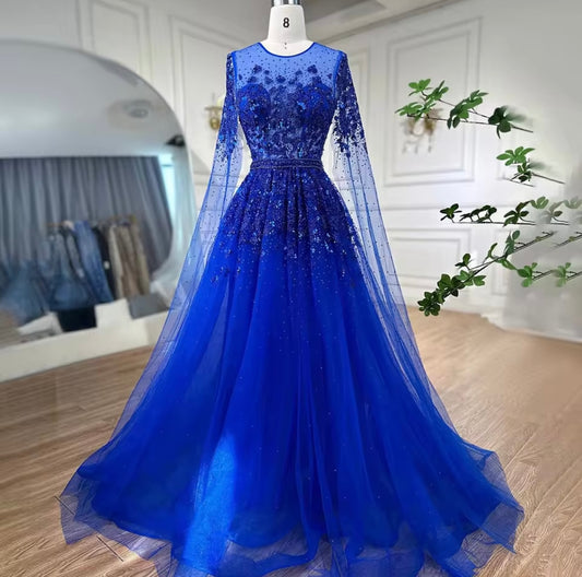 Blue Cape Sleeves Embellished Luxury Dubai Evening Dress Ball Gown Gala Gown 2024 Guest of Wedding Dress