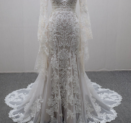 Boho Nude Bridal Dress V Neck Lace Appliqué Ruffle Sleeves Open Back Chapel Flower Shaped Train