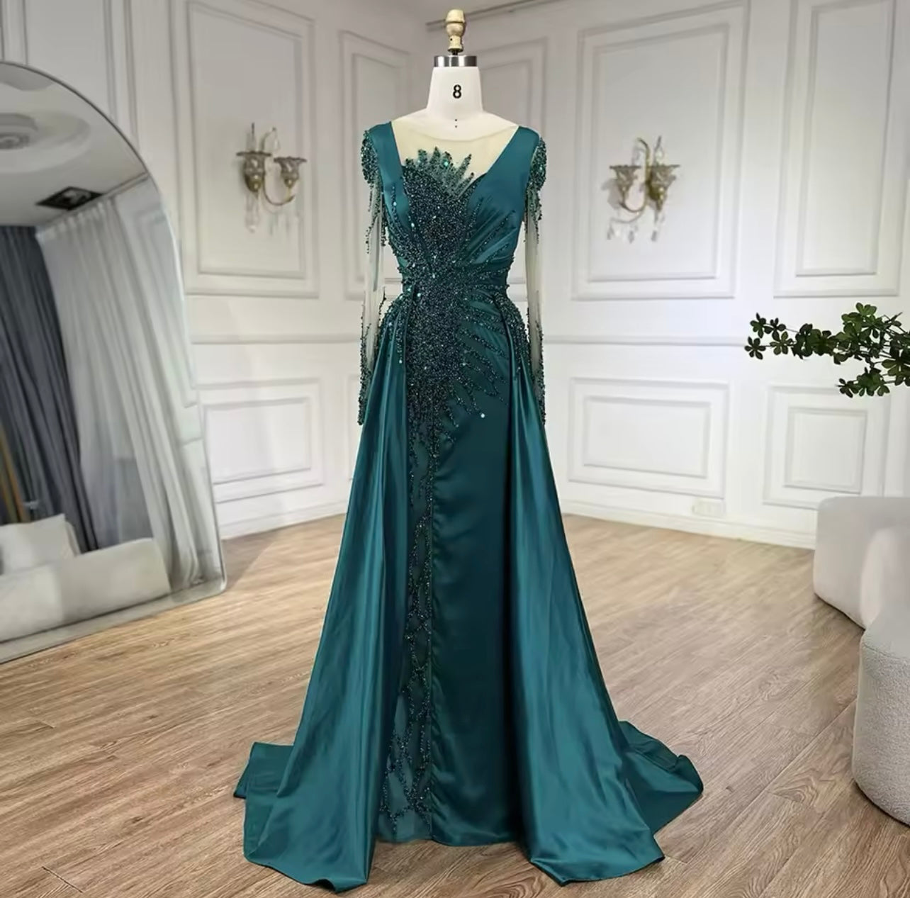 Arabic Green Luxury Beaded Satin Mermaid With Overskirt Evening Dresses 2024 Elegant For Guest of Wedding Gala Gowns Ball Gown