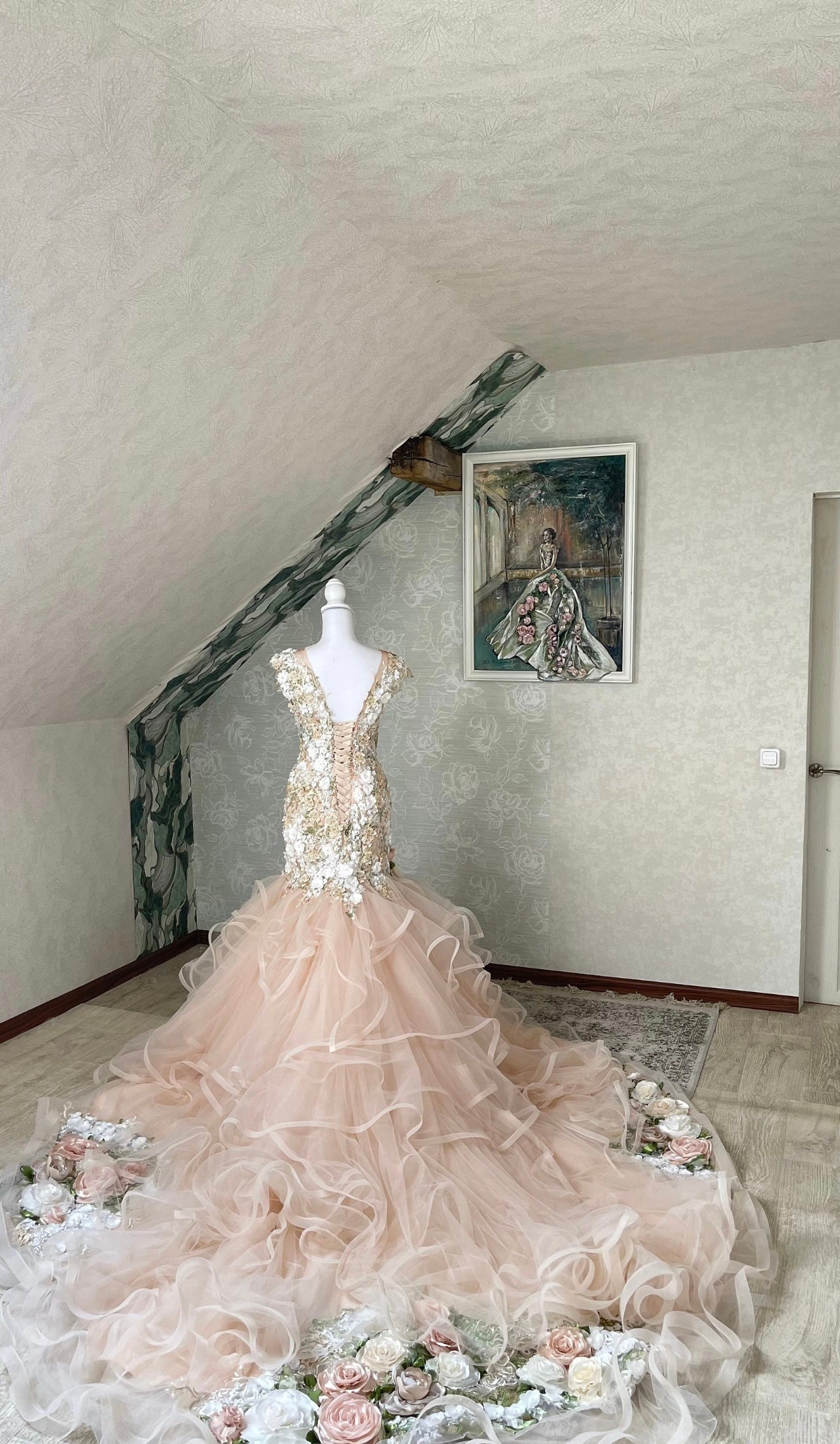 Bridal Gown Ivory Blush Pink Mermaid Style 3D Floral Fairytail Dress