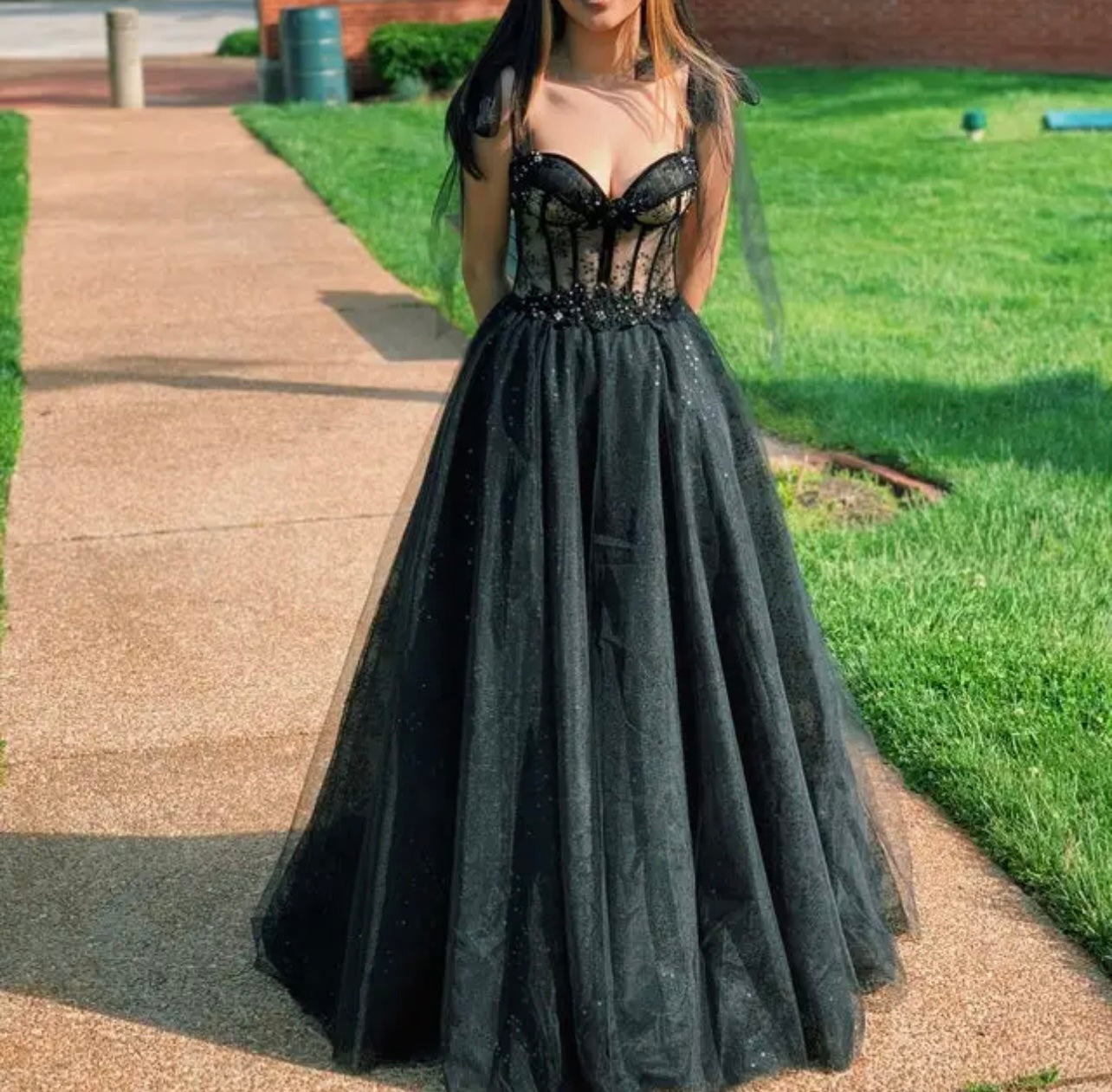 Black Backless Tulle Wedding Dress Elegant A-Line Prom Dress with Sweep Train