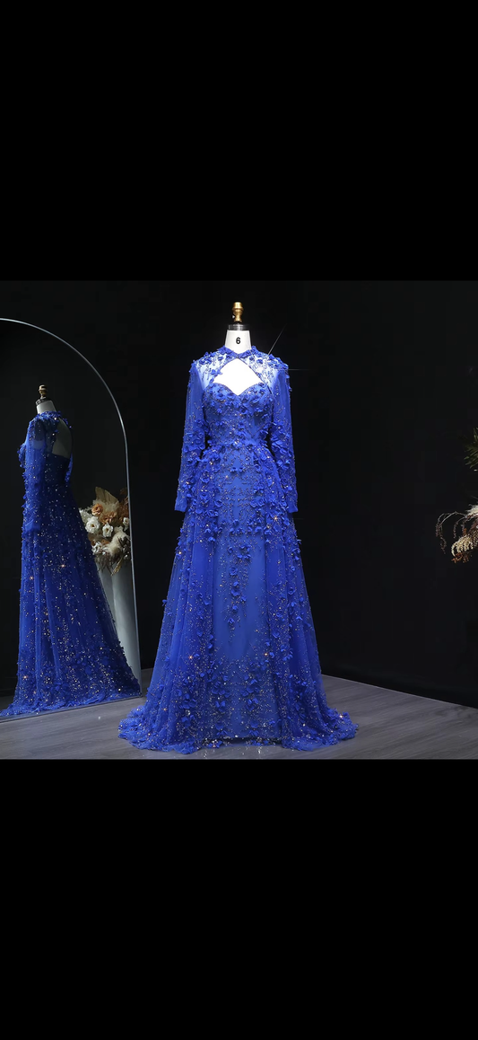 Elegant Royal Blue Mermaid Evening Dress 3D Flowers Overskirt Guest Wedding Ball Gown