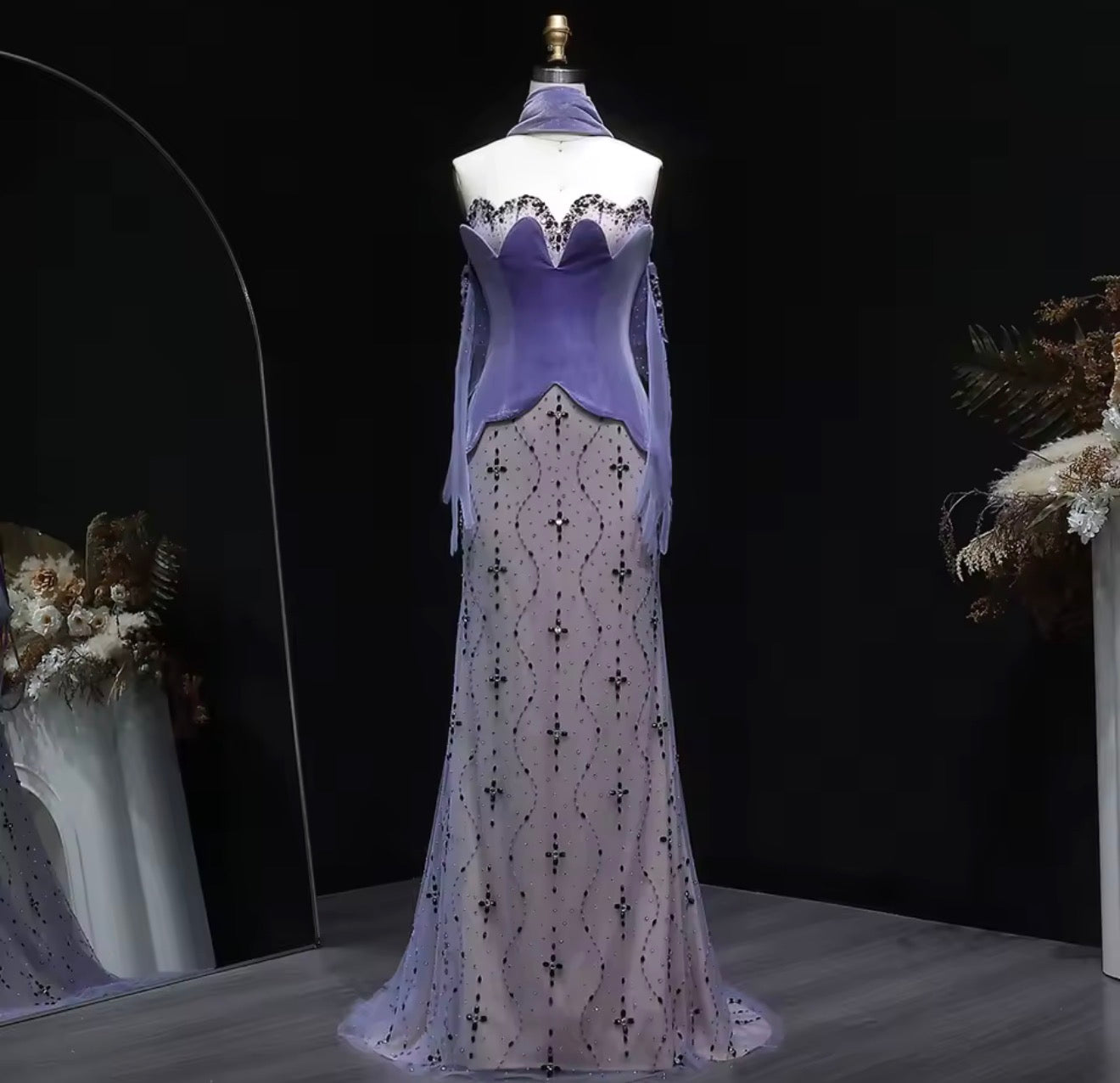 Two Piece Purple Velvet Mermaid Evening Dress with Gloves and Scarf for Gala  Ball Gown Wedding Party Gown