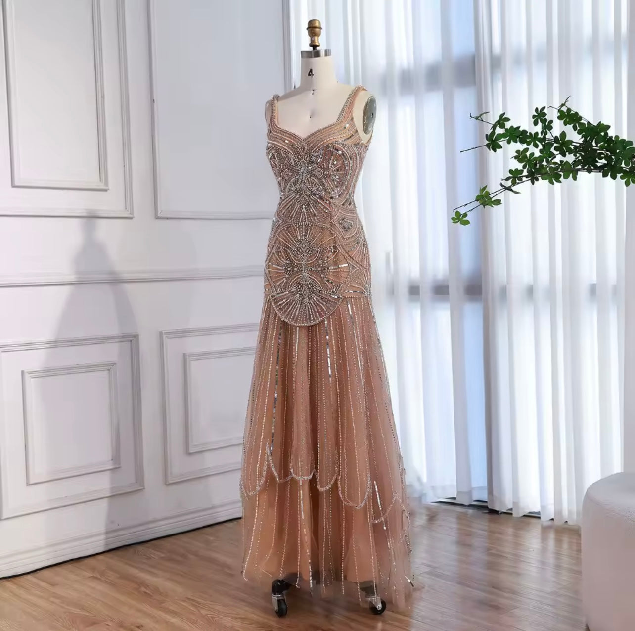 Luxury Nude Spaghetti Strap Beaded A line Evening Dress Elegant Gown Formal Party Occasion