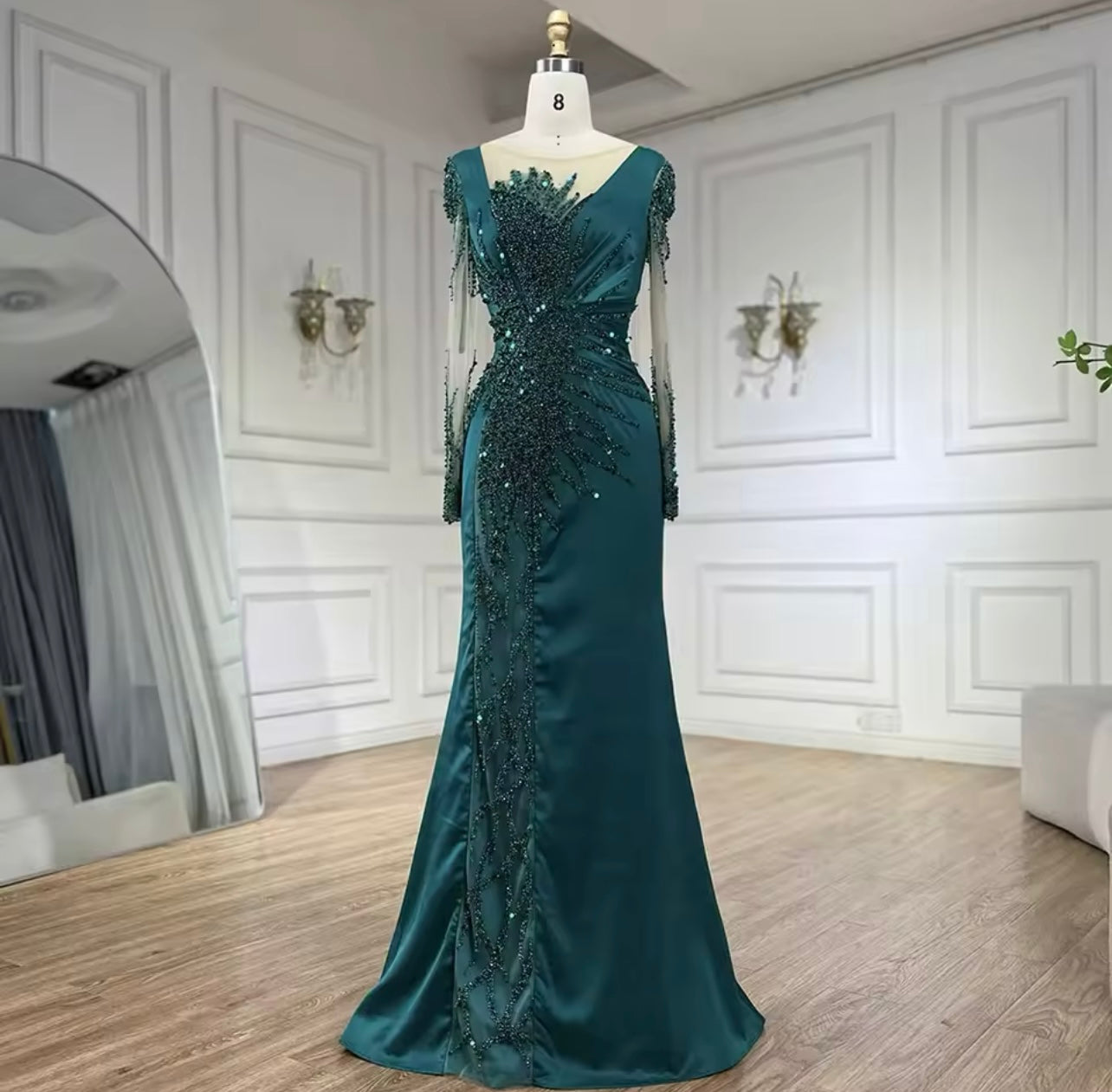 Arabic Green Luxury Beaded Satin Mermaid With Overskirt Evening Dresses 2024 Elegant For Guest of Wedding Gala Gowns Ball Gown