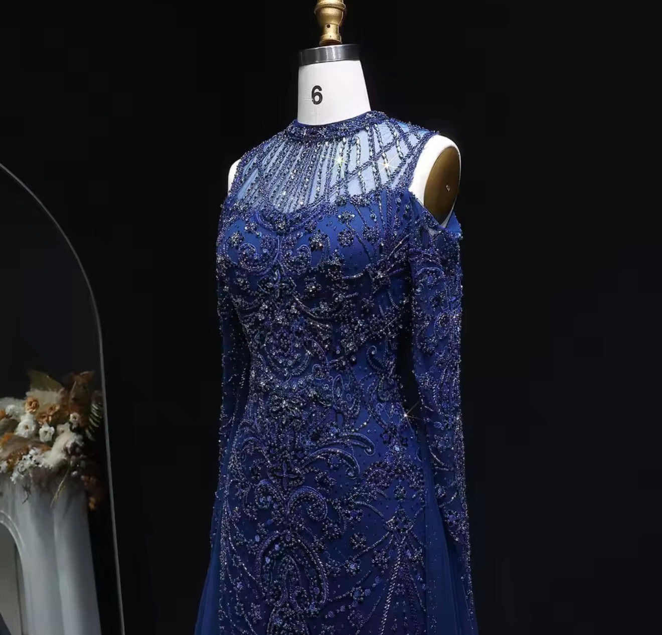 Luxury Navy Blue Off Shoulder Mermaid
Evening Dress Long Sleeve Guest of Wedding Gala Gown Ball Gown