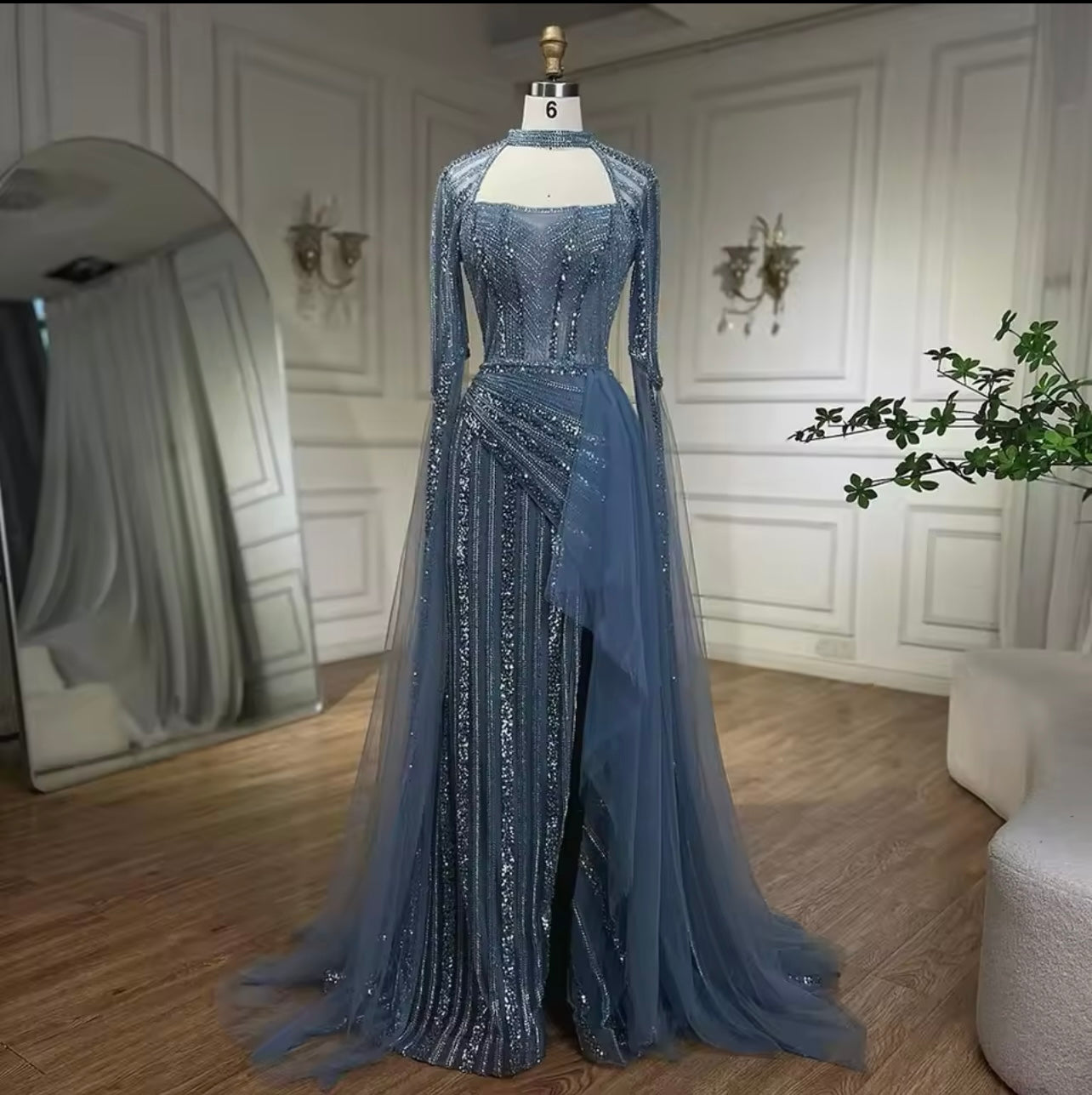 Mermaid Evening Ball Gown Embellished High Split Cape Sleeves Long Maxi Dress For Wedding Guest Gala Gown