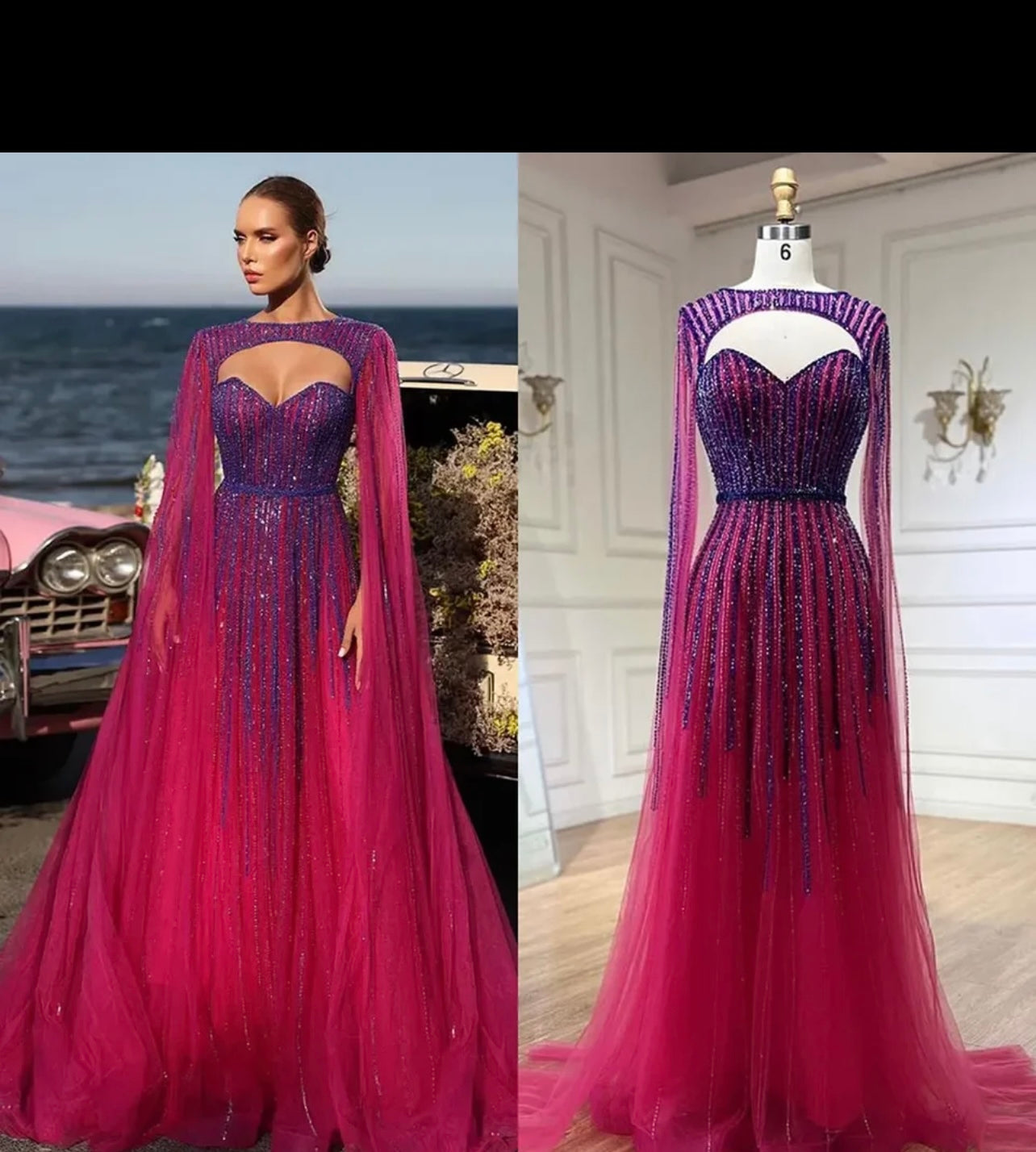 Arabic Fuchsia Cape Sleeves Luxury Beaded Evening Dresses Long Celebrity Gowns For wedding