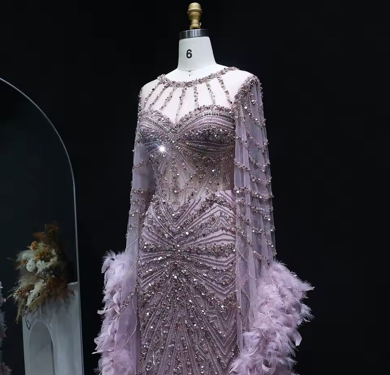 Embellished Mermaid Evening Dress with Feather Cuffs for Formal Occasion Wedding Guest Gala Ball Gown