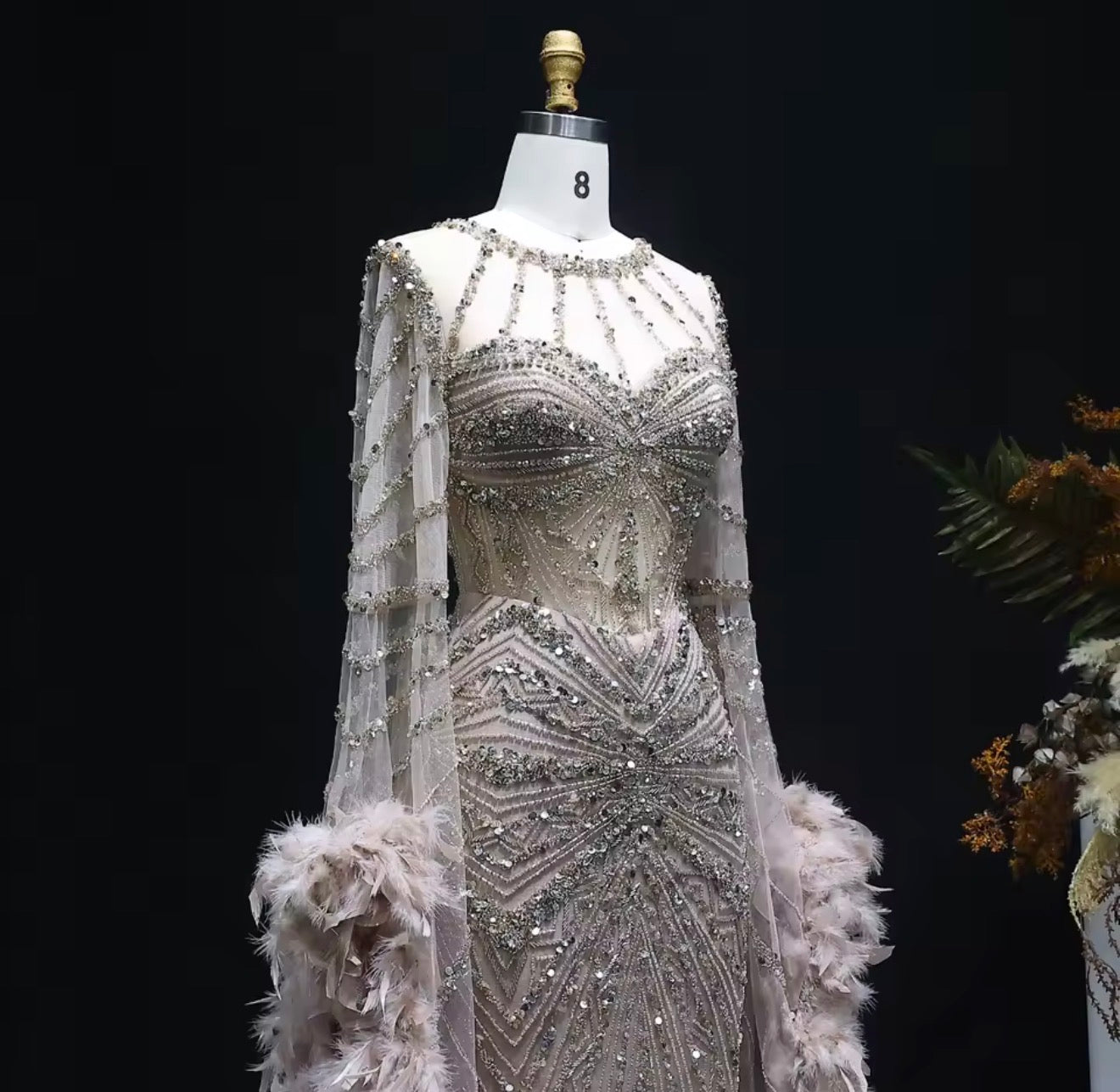 Embellished Mermaid Evening Dress with Feather Cuffs for Formal Occasion Wedding Guest Gala Ball Gown