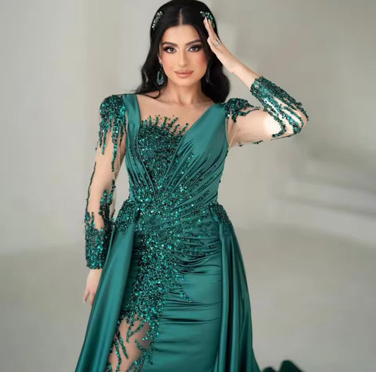 Arabic Green Luxury Beaded Satin Mermaid With Overskirt Evening Dresses 2024 Elegant For Guest of Wedding Gala Gowns Ball Gown