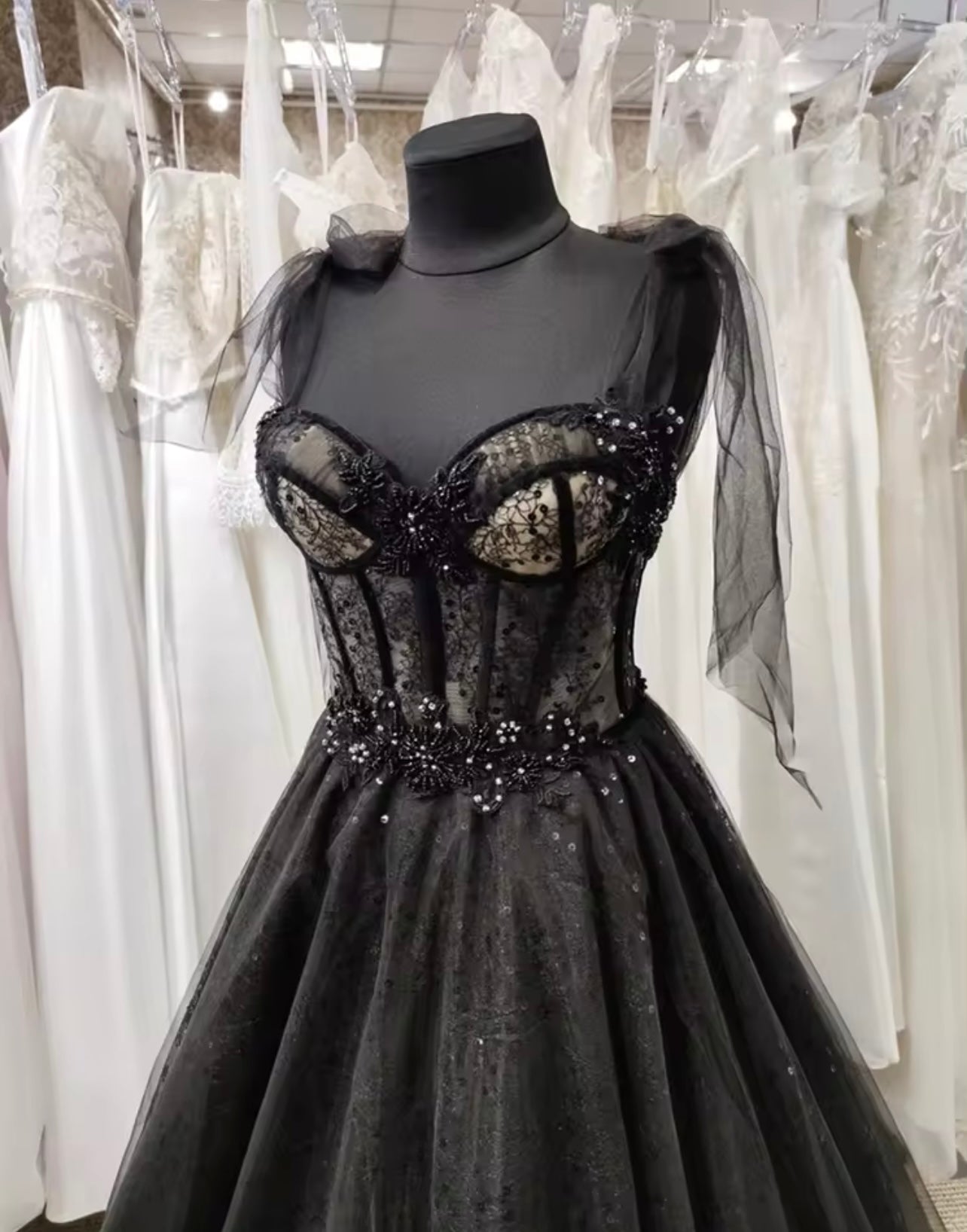 Black Backless Tulle Wedding Dress Elegant A-Line Prom Dress with Sweep Train