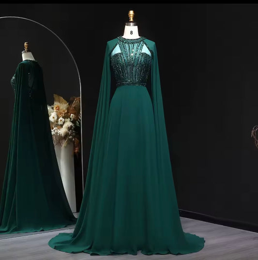 Emerald Green Sequined Evening Dress with Cape Sleeves Women Wedding Guest Gown Gala Gown