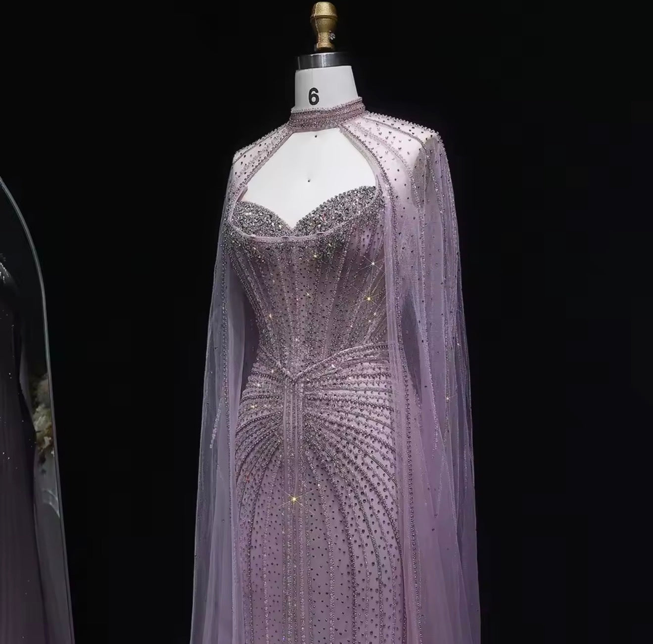 Embellished Sage Green Evening Dress with Cape Sleeves Guest of Wedding Ball Gown