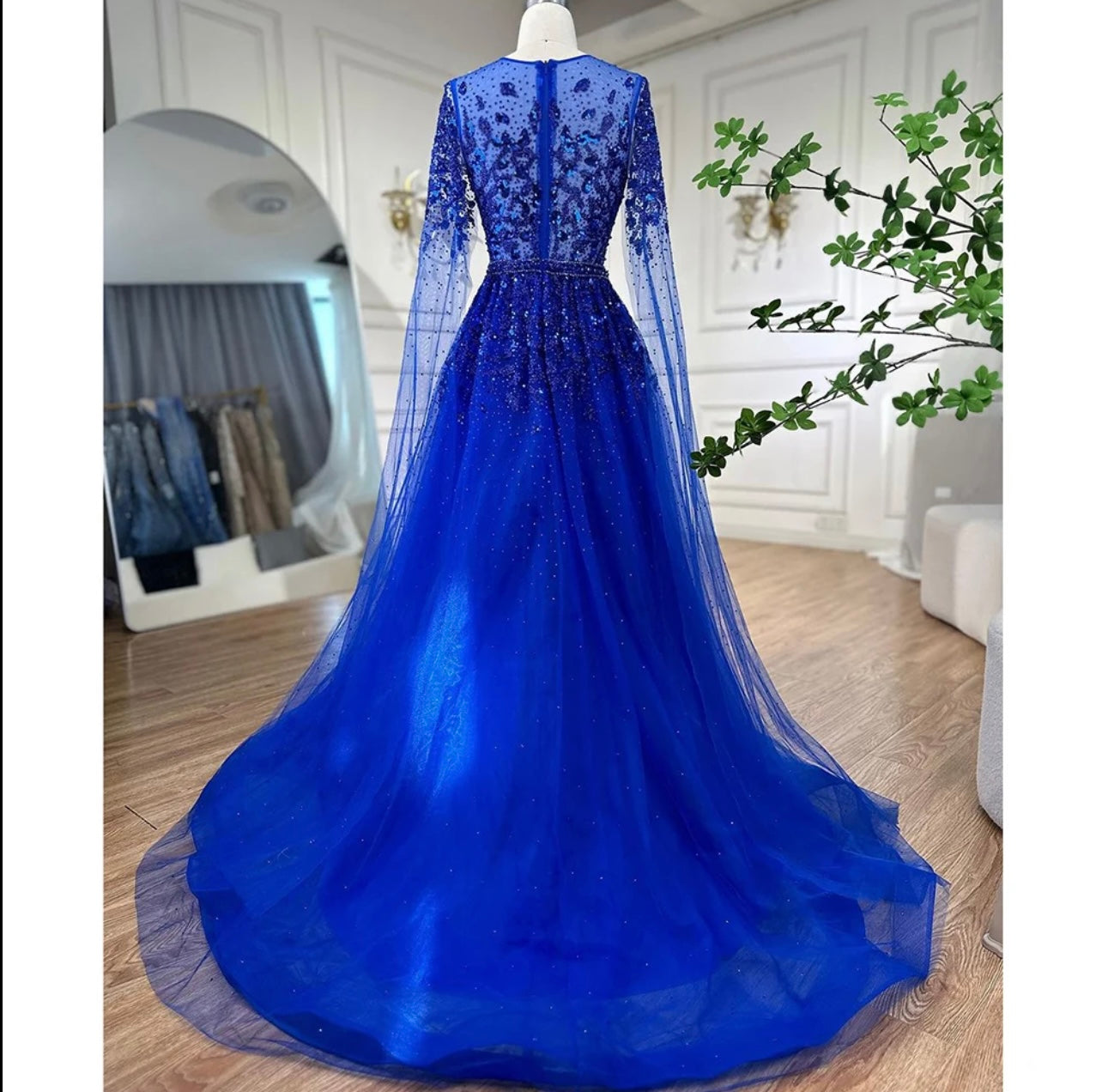 Blue Cape Sleeves Embellished Luxury Dubai Evening Dress Ball Gown Gala Gown 2024 Guest of Wedding Dress