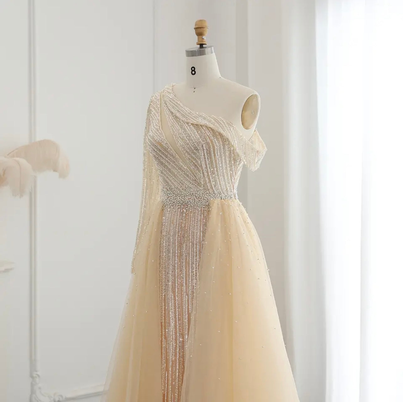 Elegant One Shoulder Beige Evening Dress with Overskirt Luxury Beaded Guest of Wedding Party Gowns