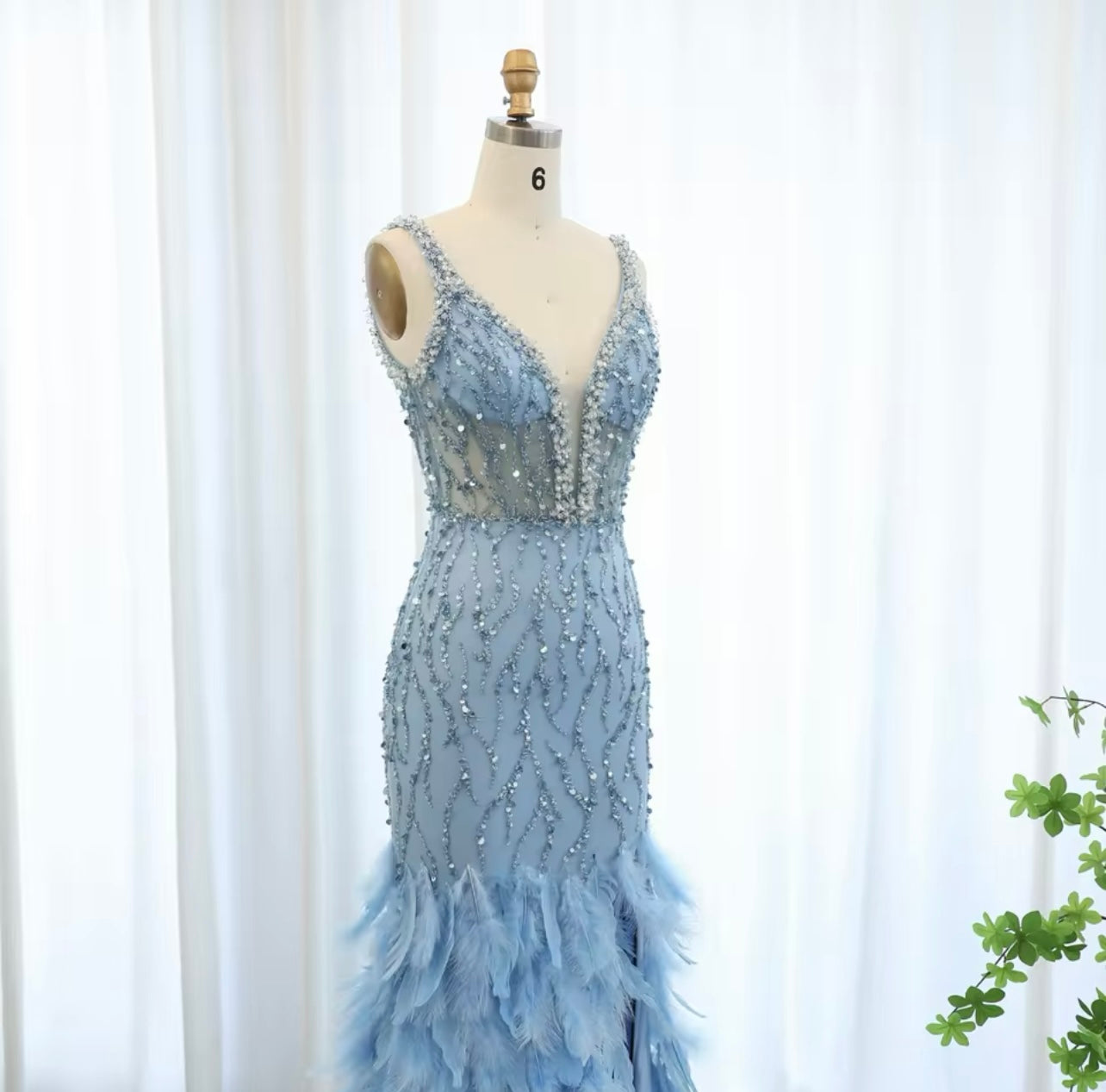 Feathers Pink Mermaid Evening Dress for Guest of Wedding V-Neck Blue Side Slit Long Gala Gown