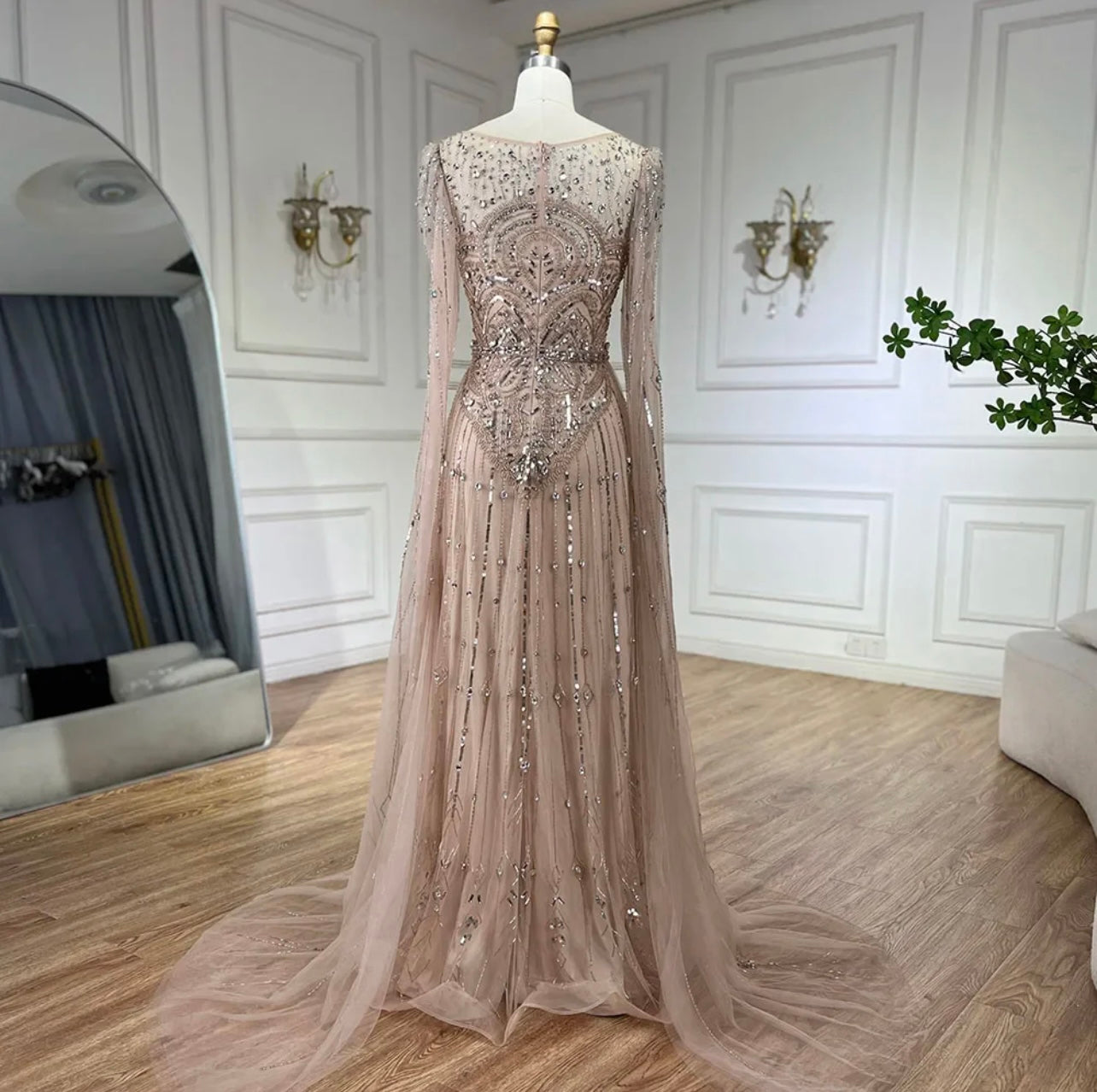 Luxury Pearls Dubai Champagne Mermaid Evening Dresses with Cape Guest of Wedding Gala Gown