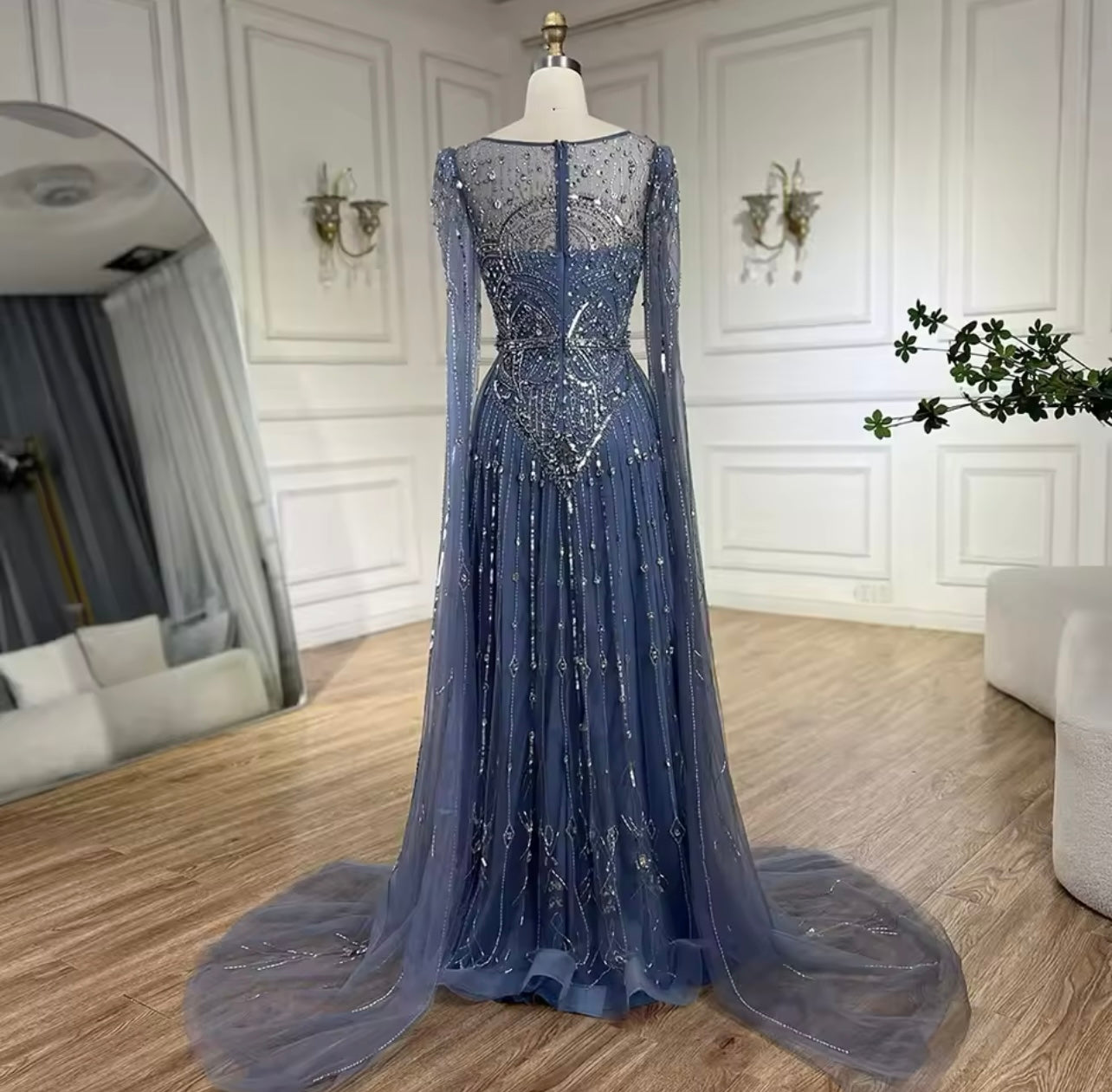 Luxury Pearls Dubai Champagne Mermaid Evening Dresses with Cape Guest of Wedding Gala Gown