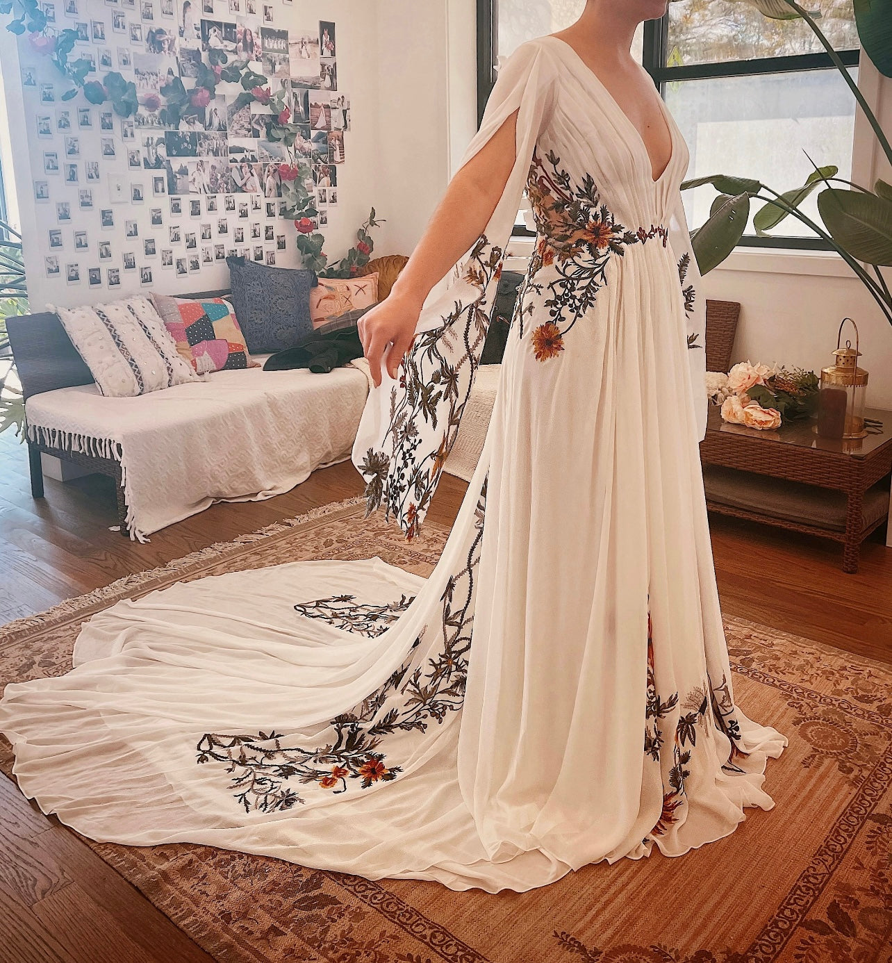 Ivory Embroidery Floral Dress Backless V Neck Floral Embroidery Fairytale Boho Wedding Dress