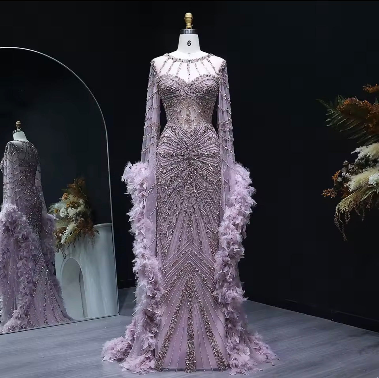 Embellished Mermaid Evening Dress with Feather Cuffs for Formal Occasion Wedding Guest Gala Ball Gown