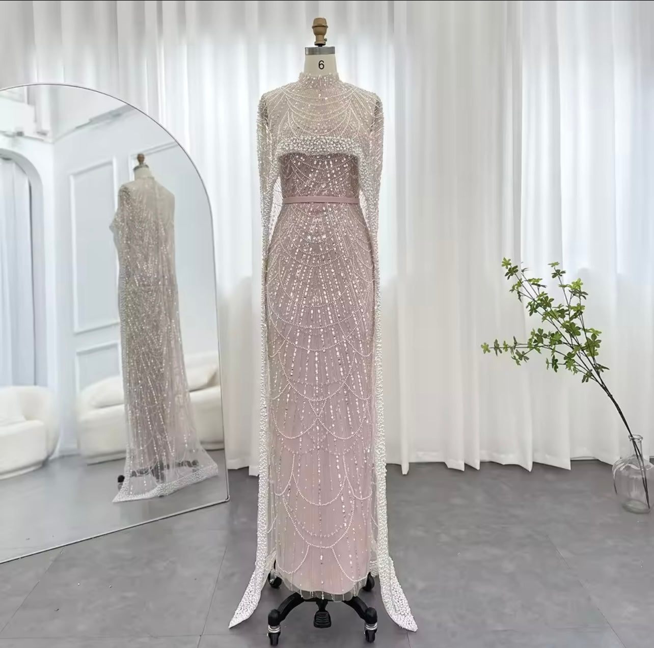 Luxury Pearls Dubai Champagne Mermaid Evening Dresses with Cape Guest of Wedding Gala Gown