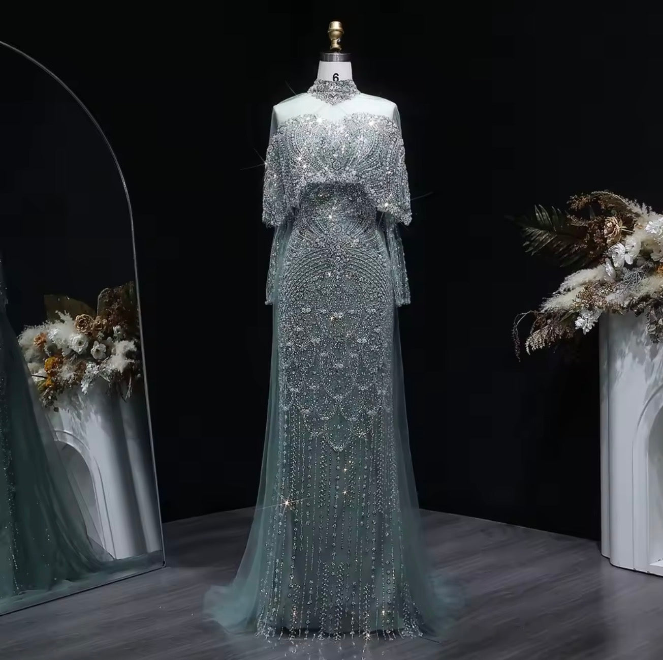 Dubai Arabic Embellished Evening Dress with Overskirt for Guest of Wedding Ball Gown