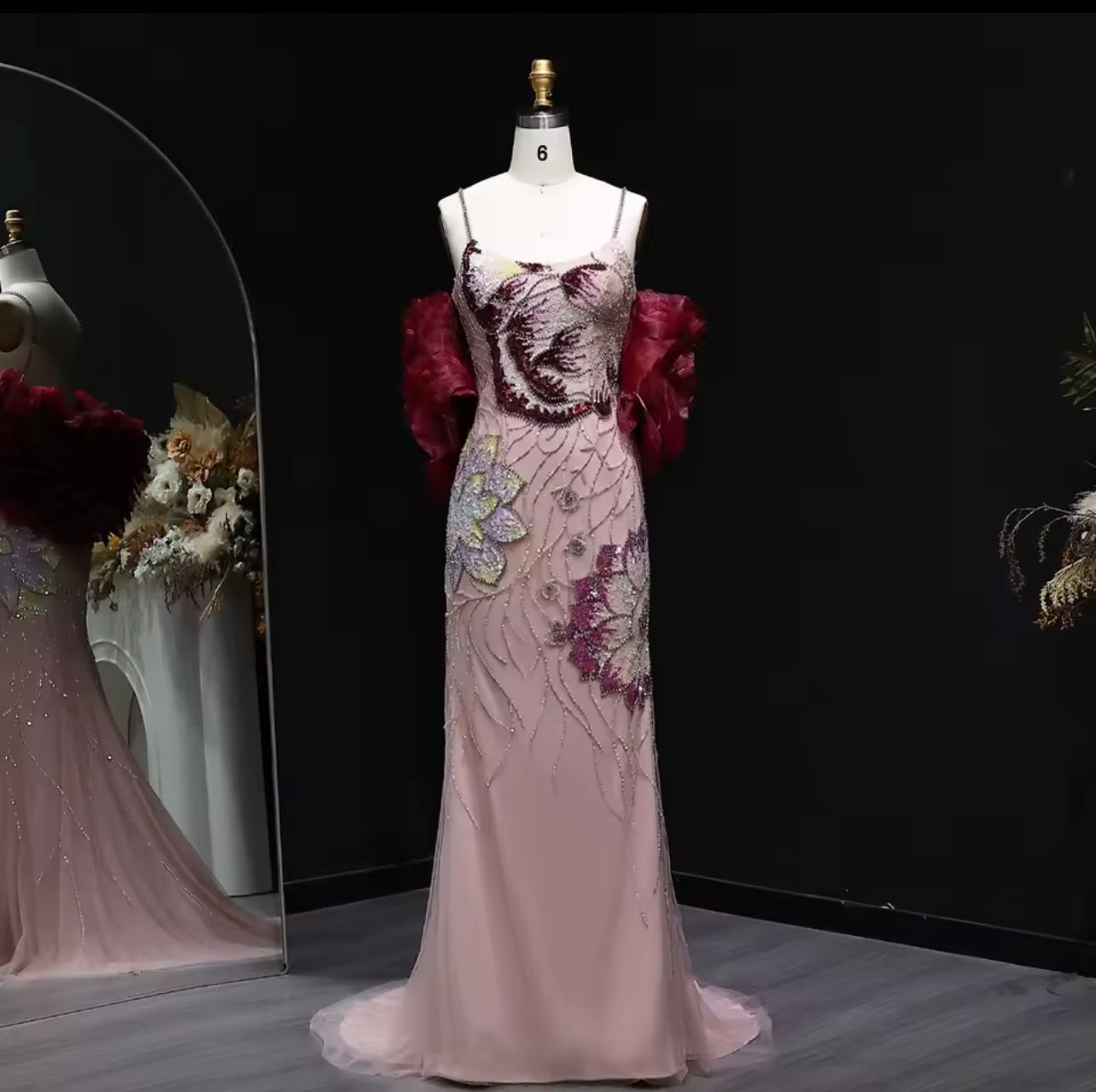 Pink Floral Beaded Evening Dress with Burgundy Shawl Cape Elegant Dress for Women