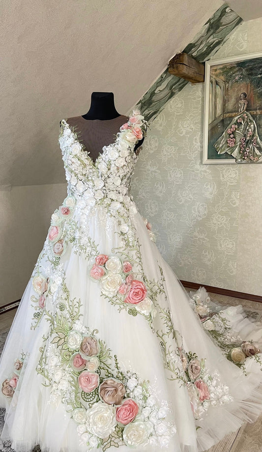 Bridal Gown 3D Flower Detail V Neck Fairytail Wedding Dress