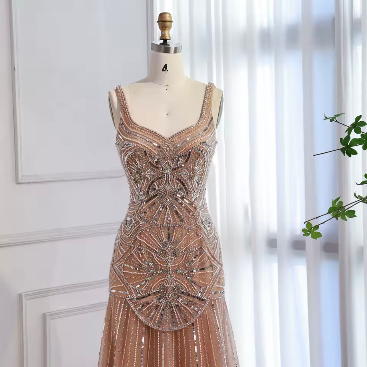 Luxury Nude Spaghetti Strap Beaded A line Evening Dress Elegant Gown Formal Party Occasion