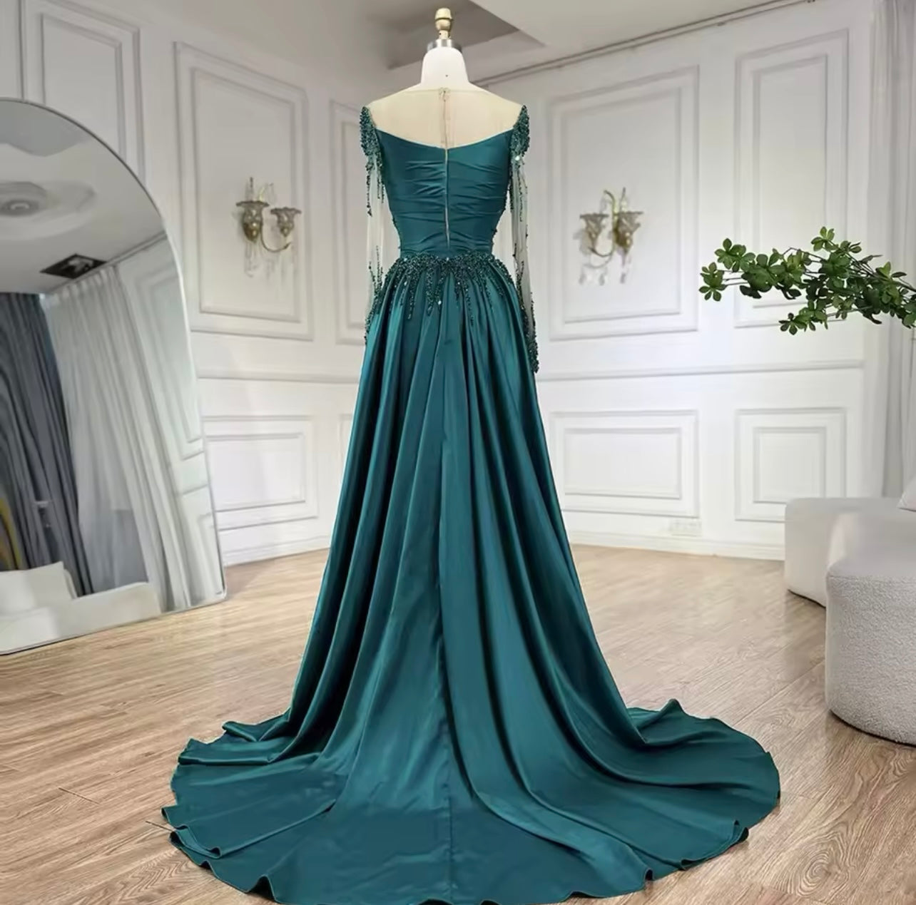 Arabic Green Luxury Beaded Satin Mermaid With Overskirt Evening Dresses 2024 Elegant For Guest of Wedding Gala Gowns Ball Gown