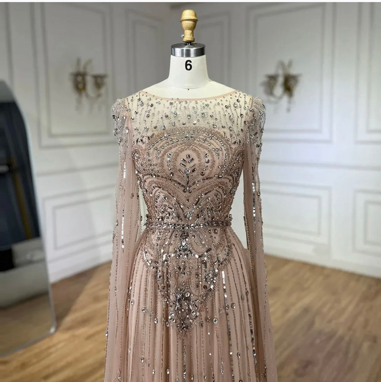 Luxury Pearls Dubai Champagne Mermaid Evening Dresses with Cape Guest of Wedding Gala Gown