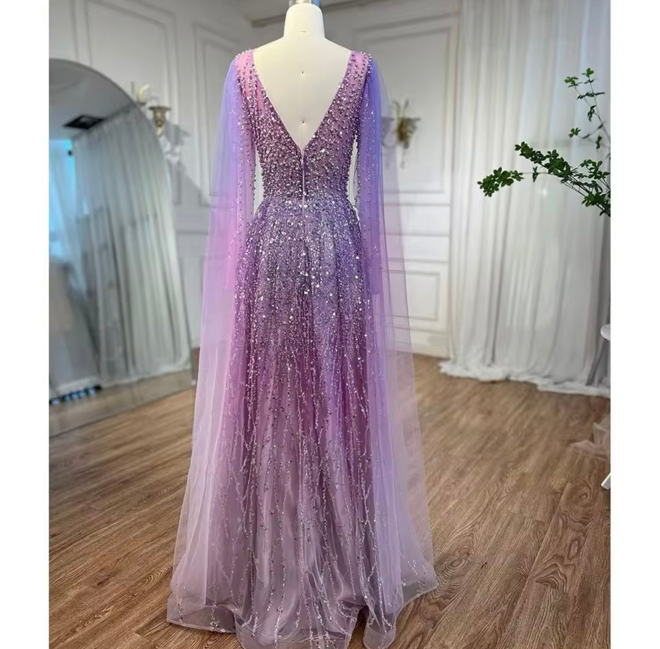 Purple A Line Cape Sleeves V Neck Embellished Long Maxi Evening Ball Gown For Guest Of Wedding