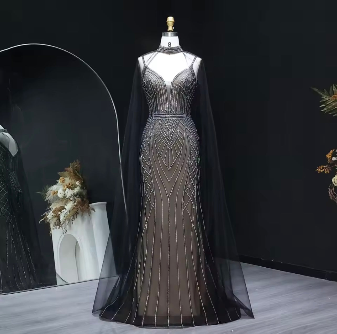 Crystal Mermaid Evening Dress with Cape Sleeves Guest Of Wedding Ball Gown