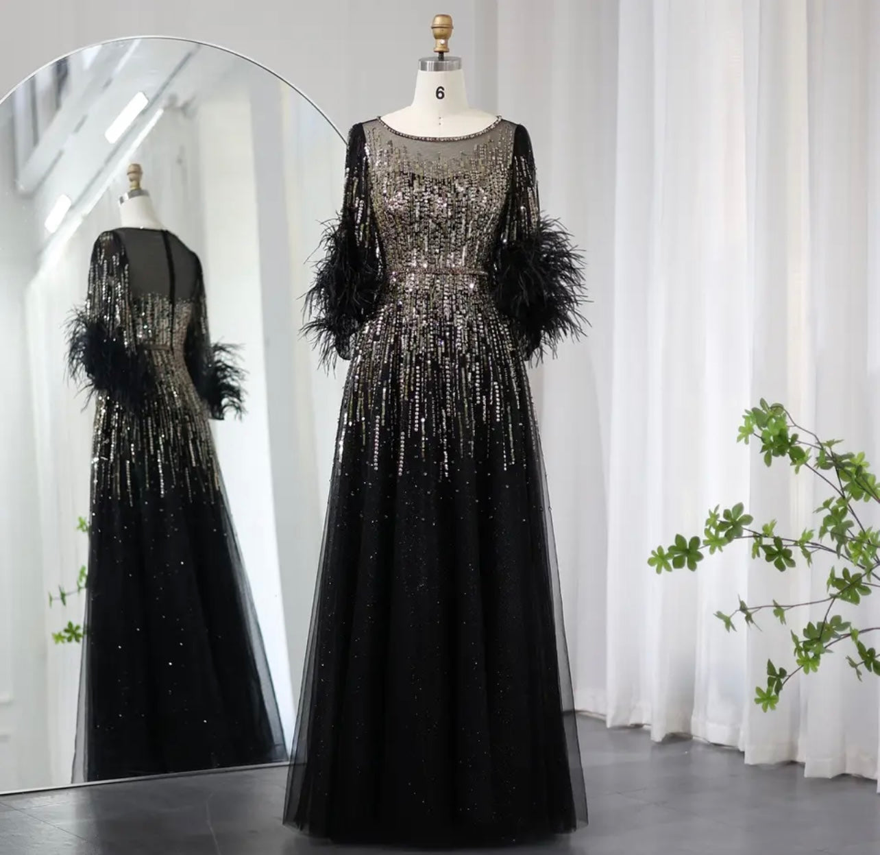 Luxury Feathers Black Evening Dresses for Women Elegant Fushia Arabic Half Sleeve Wedding Guest of Wedding Embellished Gala Gown