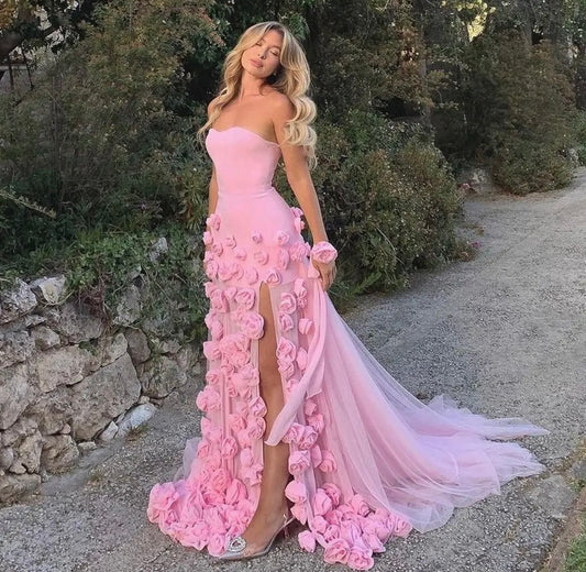 Chic Baby Pink 3D Flowers Mermaid Evening Gown Sweetheart Side Slit Prom Guest of Wedding Dress