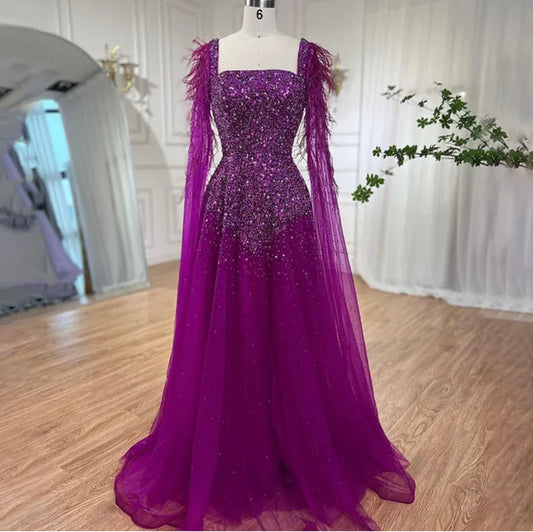 A Line Feathers Cape Sleeves Embellished Luxury Evening Dress Ball Gown Gala Gown For Guest of Wedding 2024