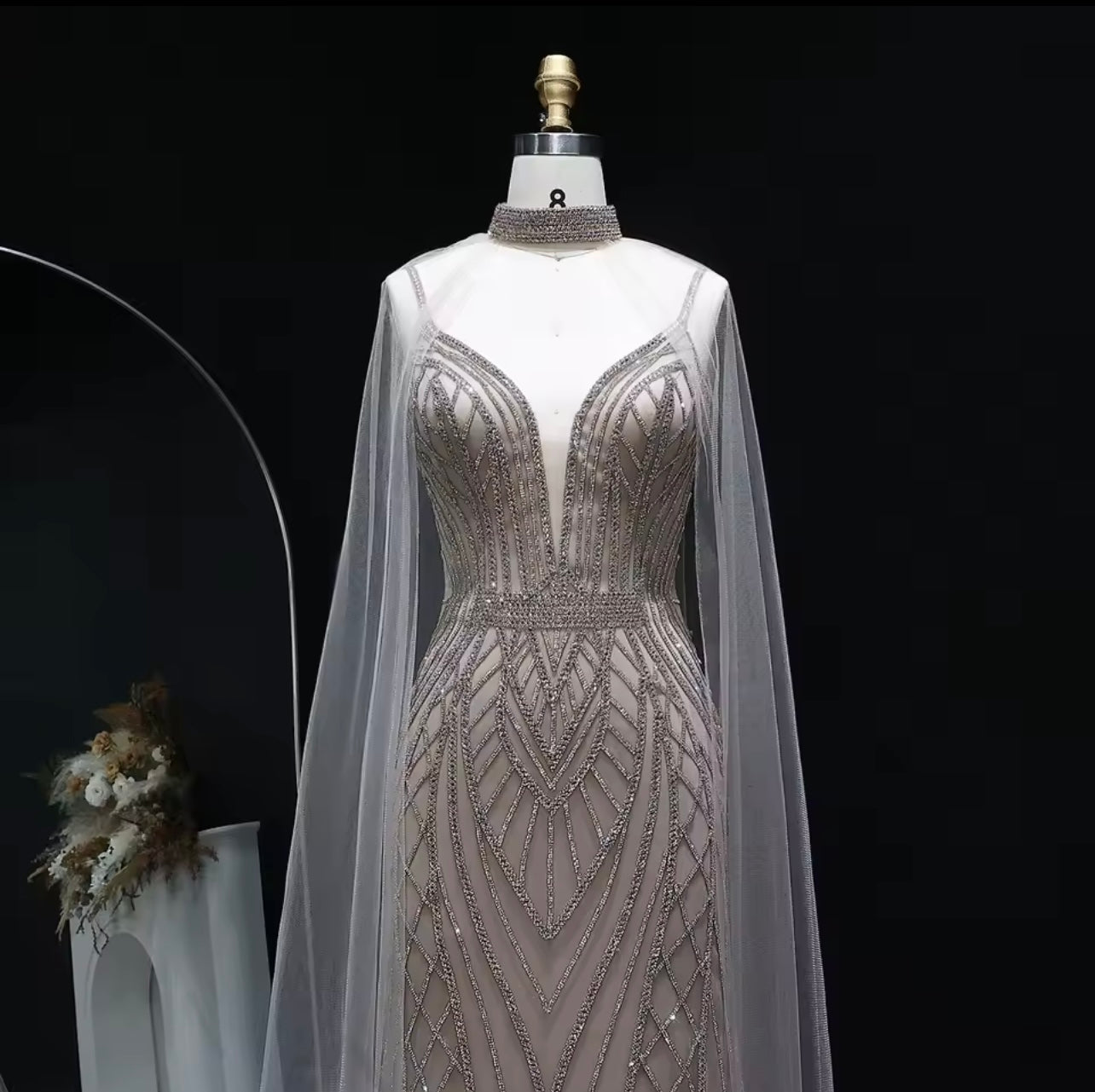 Crystal Mermaid Evening Dress with Cape Sleeves Guest Of Wedding Ball Gown