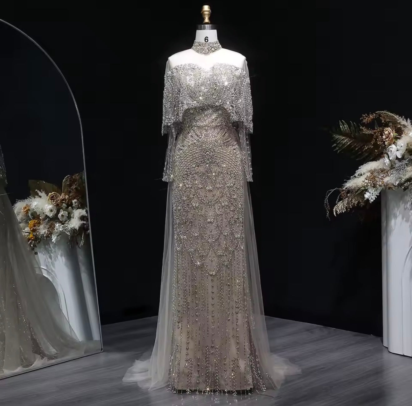 Dubai Arabic Embellished Evening Dress with Overskirt for Guest of Wedding Ball Gown