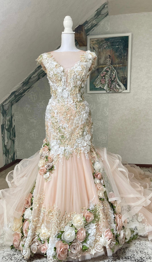 Bridal Gown Ivory Blush Pink Mermaid Style 3D Floral Fairytail Dress