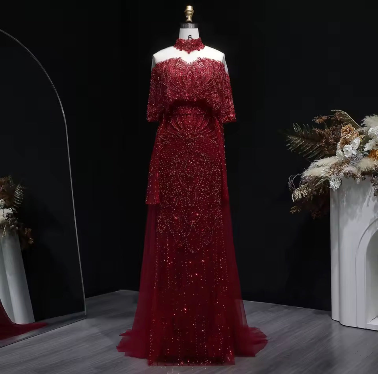 Dubai Arabic Embellished Evening Dress with Overskirt for Guest of Wedding Ball Gown