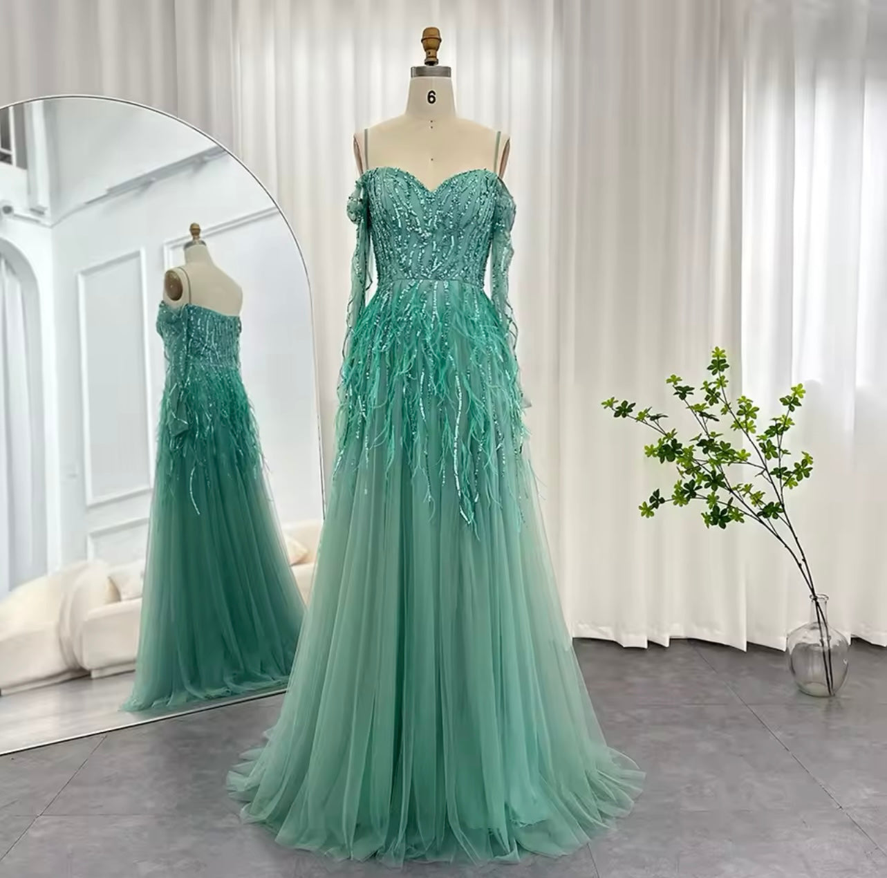 Luxury evening dress formal dress wedding Blue Mermaid Cape Sleeves With Feather V Neck Evening Dress Beaded Party ball Gown For Women