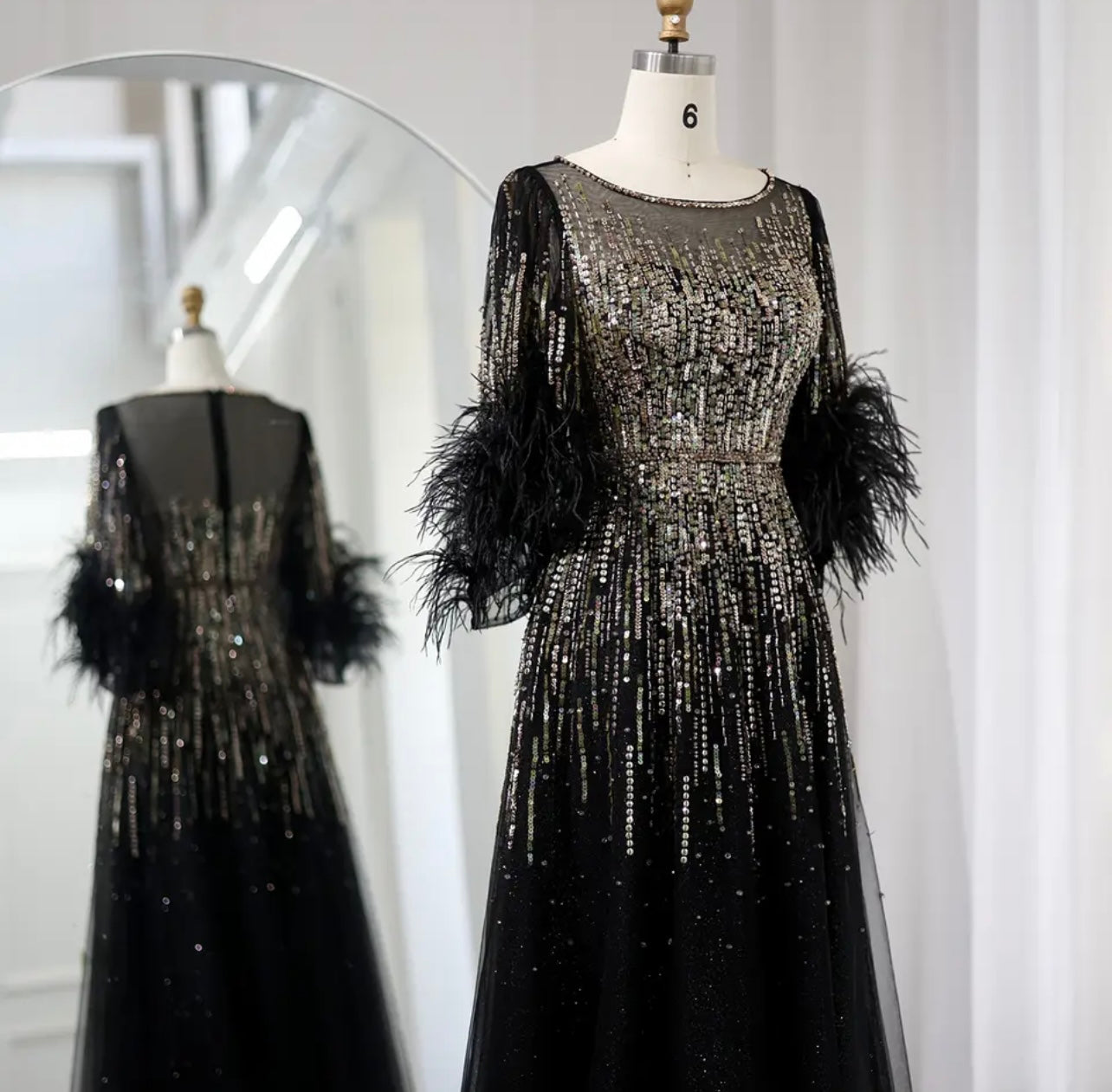 Luxury Feathers Black Evening Dresses for Women Elegant Fushia Arabic Half Sleeve Wedding Guest of Wedding Embellished Gala Gown