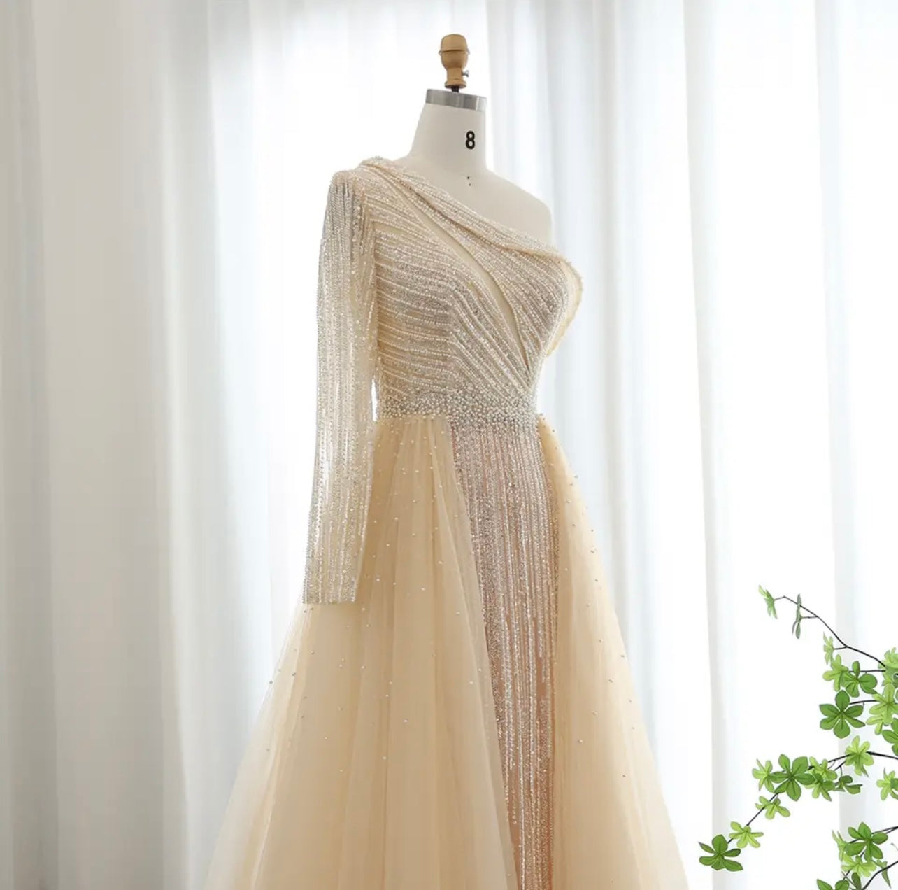 Elegant One Shoulder Beige Evening Dress with Overskirt Luxury Beaded Guest of Wedding Party Gowns