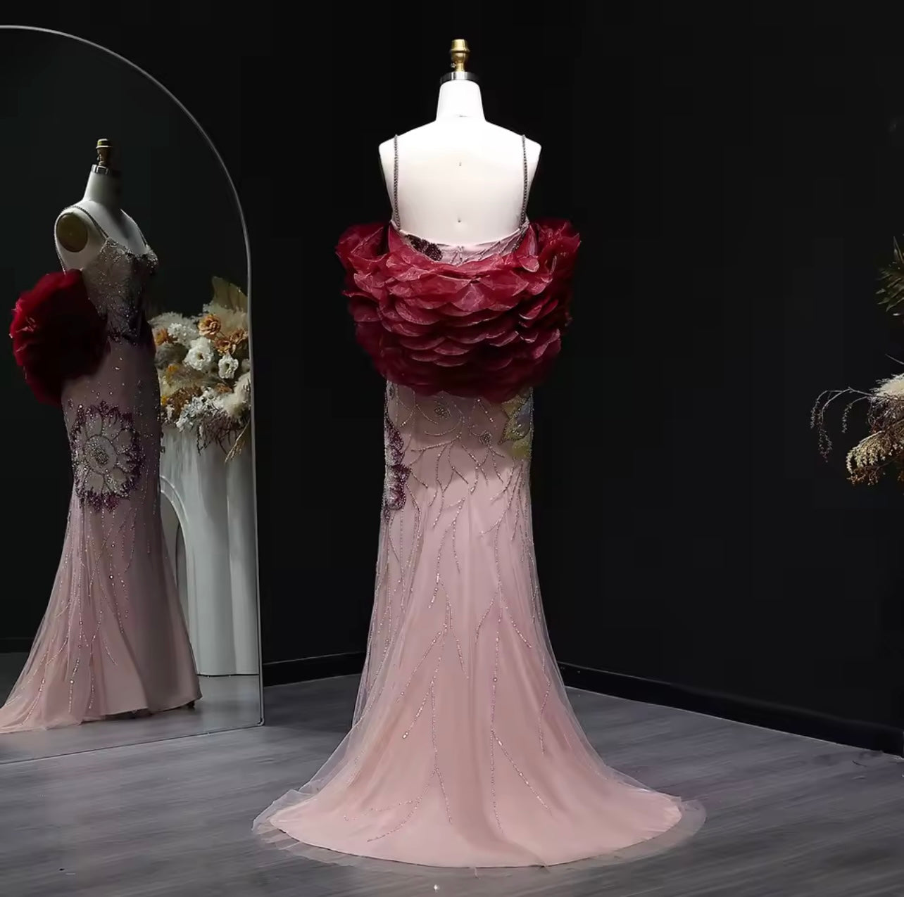 Pink Floral Beaded Evening Dress with Burgundy Shawl Cape Elegant Dress for Women