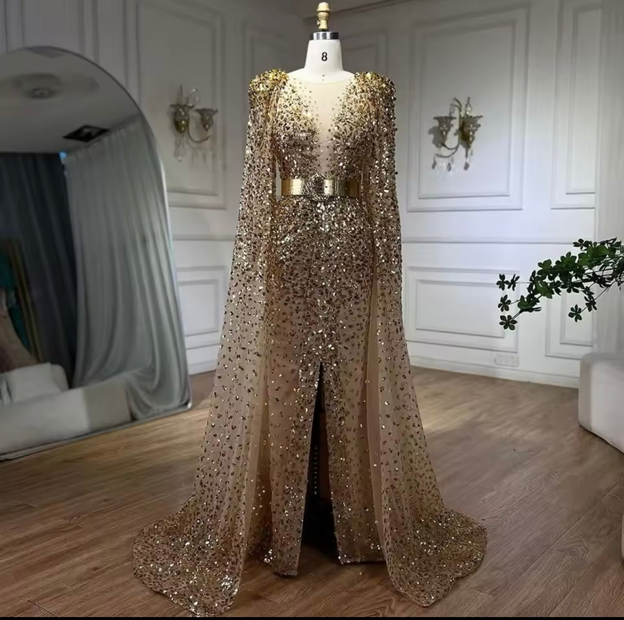 Gold Mermaid Evening Gown With Cape Sleeves Beaded Elegant Guest Of Wedding Maid of Honor Mother of Bride Dress