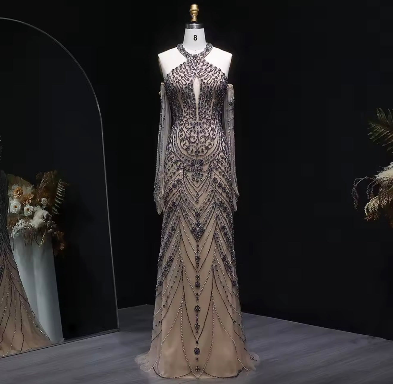 Luxury Evening Dress Guest of Wedding
Mermaid with Gloves Embellished Halter Ball Gown