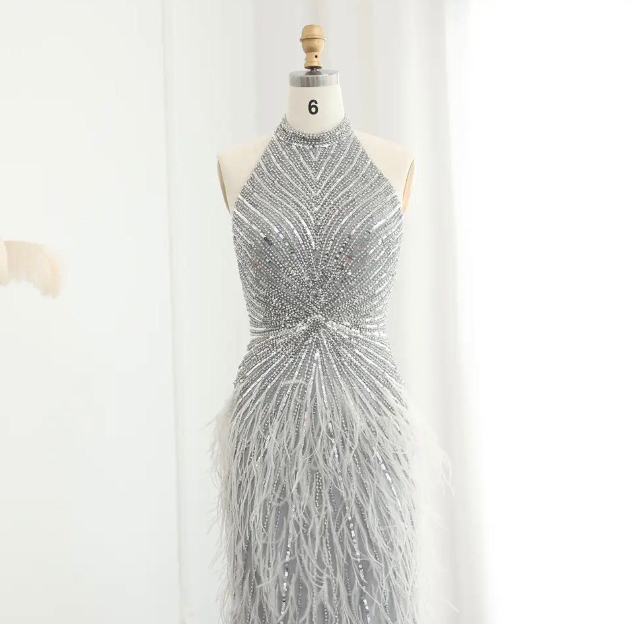 Luxury Beaded Feathers Mermaid Silver Gray Evening Dress Guest of Wedding Halter Backless Formal Gown