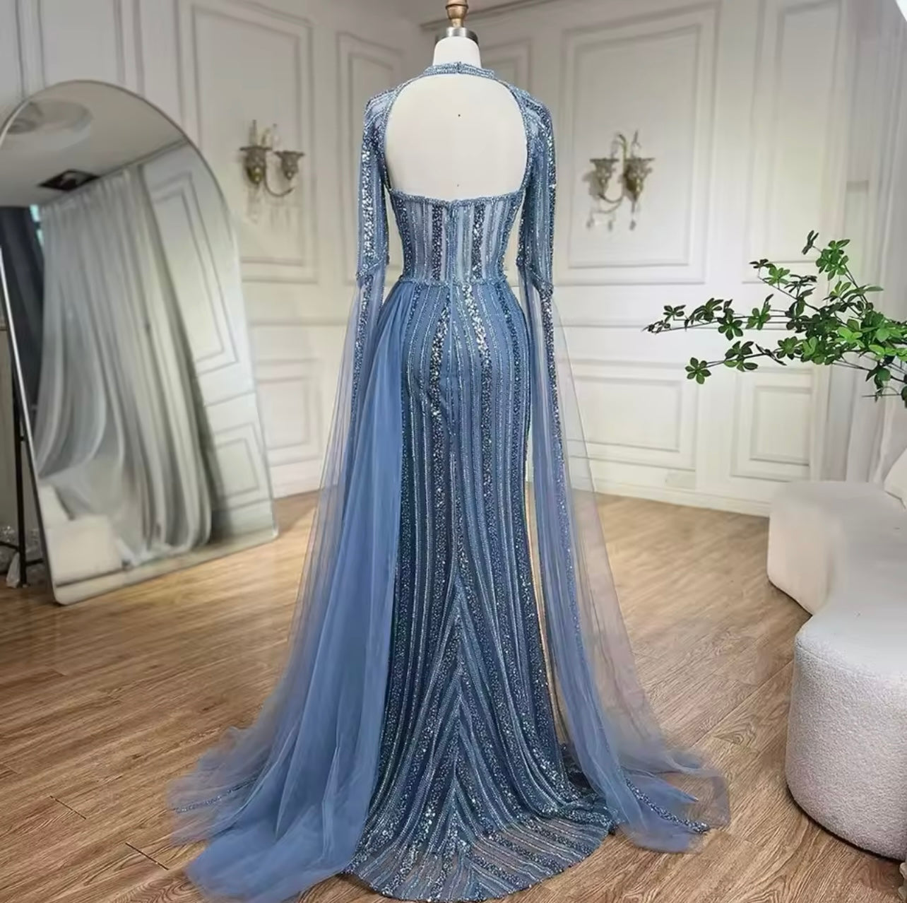 Mermaid Evening Ball Gown Embellished High Split Cape Sleeves Long Maxi Dress For Wedding Guest Gala Gown